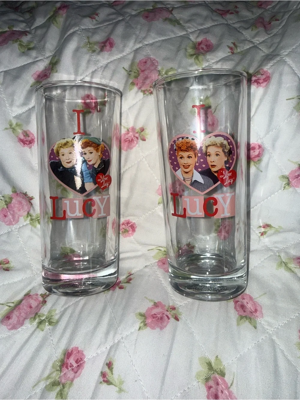 I Love Lucy glasses with graphic of two women in a heart